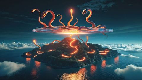 Floating glowing serpents over mystical island landscape