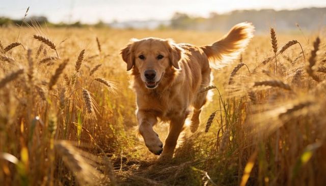 Golden retriever running through sunlit wheat field with backlit fur halo, rural freedom