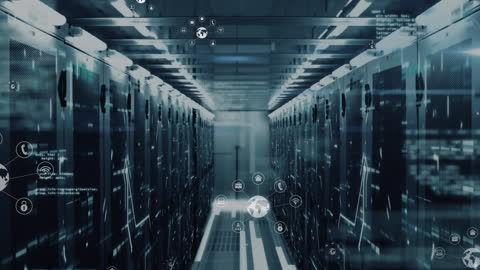 Digital Network Icons in Modern Server Room Ambience