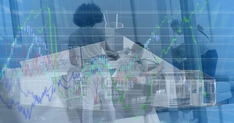 Business Team Analyzing Financial Data with Transparent Market Graphs