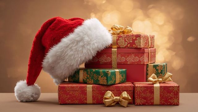 Layering festive Christmas gifts with Santa hat and gold bows on warm bokeh background
