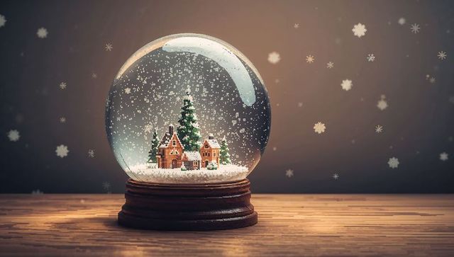Shining glass snow globe holding miniature snowy village with pine tree on wooden base