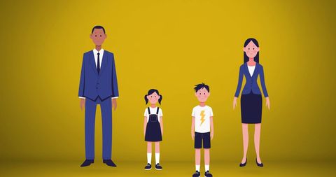 Family Maintaining Social Distance with Masks on Yellow Background