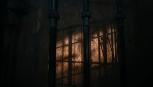 Atmospheric Shadows on Rusted Metal Wall with Vertical Pipes