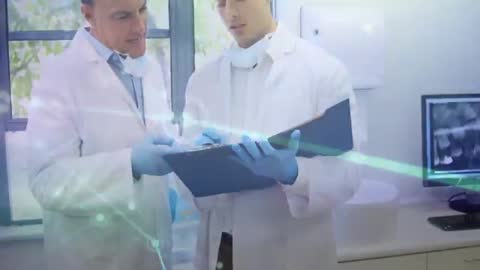 Laboratory Technicians Analyzing Data with Futuristic Network Overlay