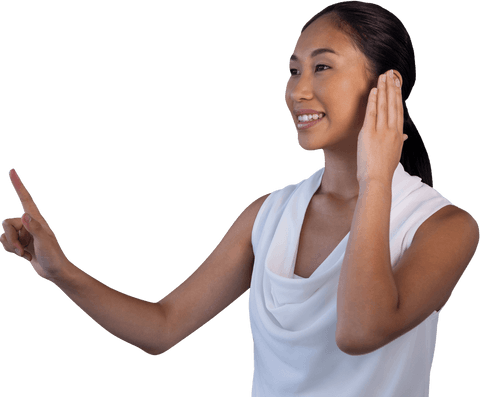 Businesswoman engaging with futuristic transparent interface