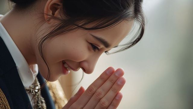Asian woman bowing and pressing hands in traditional embroidered robe with white collar
