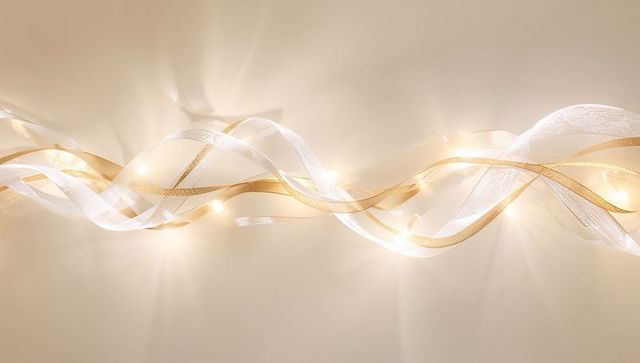 Luxurious gold and white ribbons weaving across warm beige gradient with elegant soft glow