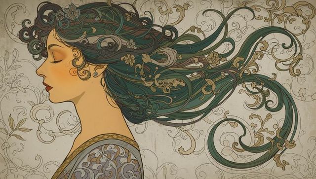 Elegant Art Nouveau Style Woman with Flowing Hair and Floral Motifs