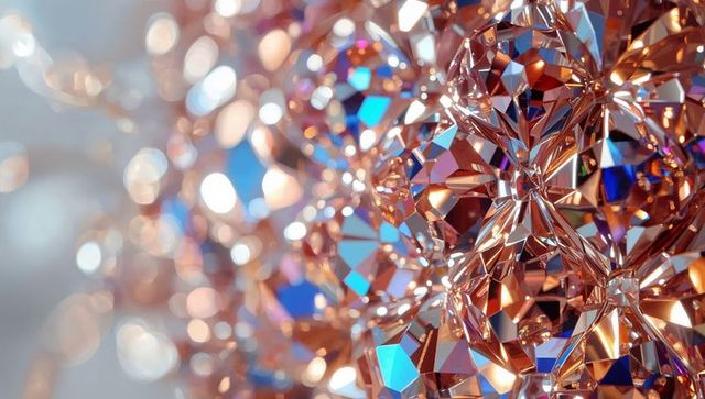 Glittering Rose-Gold Faceted Crystal Cluster Catching Blue and White Reflections