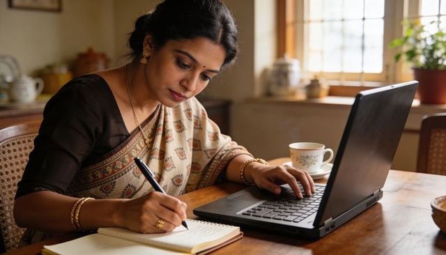 Indian woman in saree working from home writing notes while using laptop in sunlit kitchen