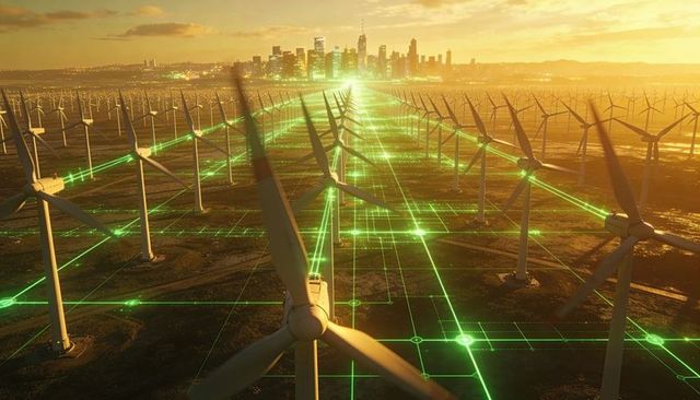 Connected wind farm grid powering city skyline at sunset