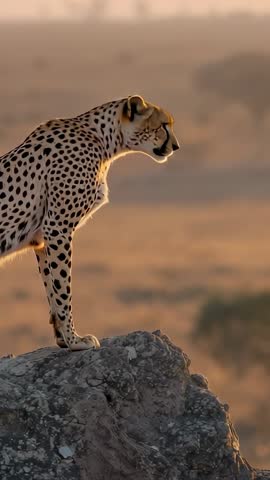 Cheetah Scanning Savannah at Golden Hour | Vertical Wildlife Video Stepping from Rock