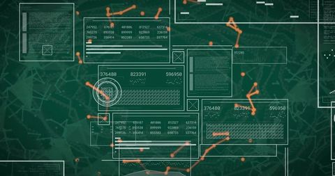 Displaying translucent UI dashboard with network telemetry, analytics widgets, orange nodes
