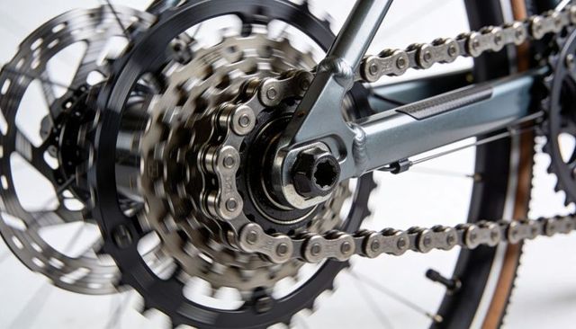 Rear bicycle drivetrain rotating close-up showing cassette chain, sprocket and disc brake