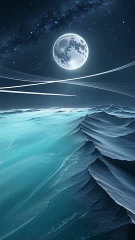 Surreal Moonlit Ocean With Turquoise Waves and Luminous Ribbons - Vertical Video