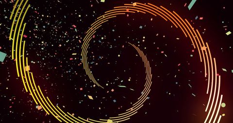 Dynamic circular light streaks with vibrant confetti