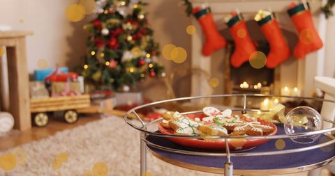 Cozy Christmas Living Room with Stockings and Cookies