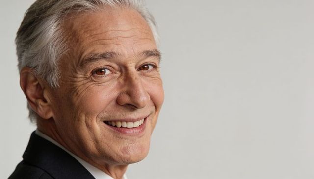 Confident senior executive smiling headshot in dark suit with light gray background