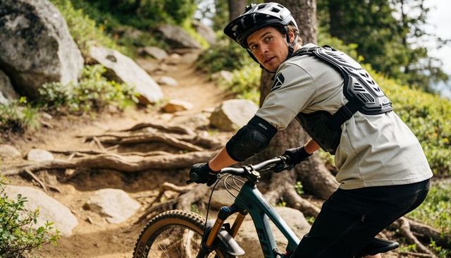 Mountain biker pausing on rocky singletrack wearing helmet and protective armor