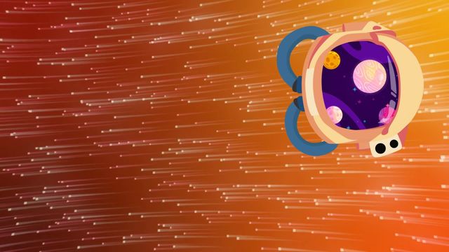 Colorful illustration shows an astronaut's helmet with planets inside, floating over an abstract orange background. With its vibrant hues and dynamic patterns, perfect for creative digital content, presentations, or themes related to space exploration and sci-fi adventures.