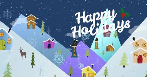 Happy holidays script curving over pastel snowy hills with cozy cottages