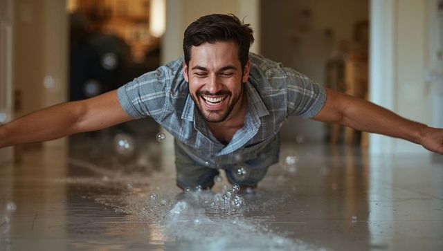 Playful man sliding on wet hardwood floor leaving splash trail and bubbles in home