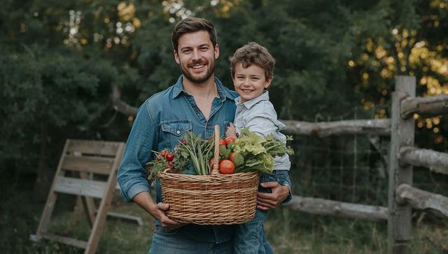 Smiling father and son harvesting fresh vegetables in rustic garden holding wicker basket