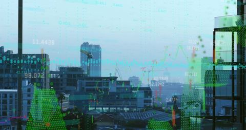 Futuristic financial data processing over urban skyline