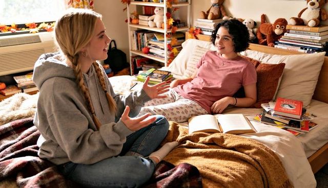 Two teens chatting on dorm bed wearing hoodie and pajamas, cozy fall study and friendship moment