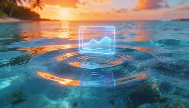 Holographic quadratic graph floating over tropical ocean sunset
