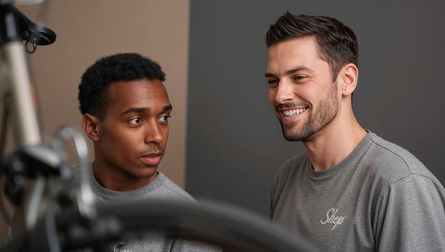 Smiling Men Collaborating on Bicycle Repair and Wheel Maintenance in Modern Workshop