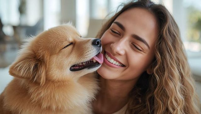 Smiling young woman receiving affectionate lick from fluffy golden dog in sunlit home