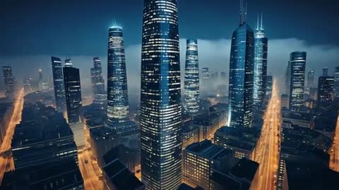 Futuristic Urban Skyline with Modern Skyscrapers at Night