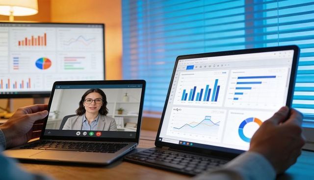 Presenting analytics during remote meeting with dual laptop dashboards and video call