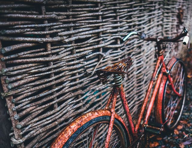 Vintage rusty bicycle leaning against a textured wooden fence evokes nostalgia and rustic charm. Ideal for themes on aging, cycling, nature, or European countryside atmosphere. Can be used in blog posts related to sustainable living, historical blogs, or artistic prints.