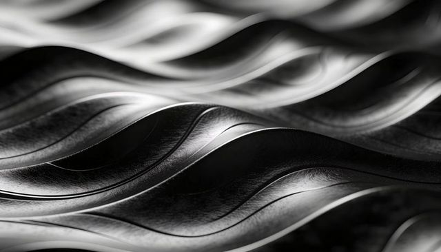 Monochrome Metallic Wave Ribbons with Brushed Texture Abstract Chrome Surface Background