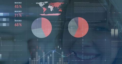 Corporate data dashboard faded female portrait overlay highlighting analytics and trends