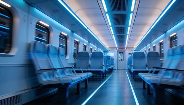 Futuristic empty commuter train interior with blue LED lighting, symmetry and sleek seats