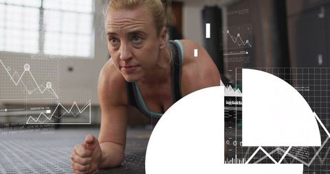 Holding forearm plank and tracking performance metrics with data overlays in gym