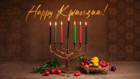 Carved kinara lighting seven candles with fruit basket for kwanzaa celebration
