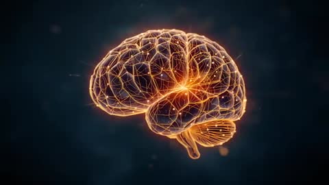 Pulsing core node powering 3D brain network rotating in deep blue with neon sparks