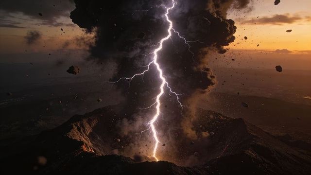 Volcanic lightning striking erupting crater at dusk with explosive ash plume