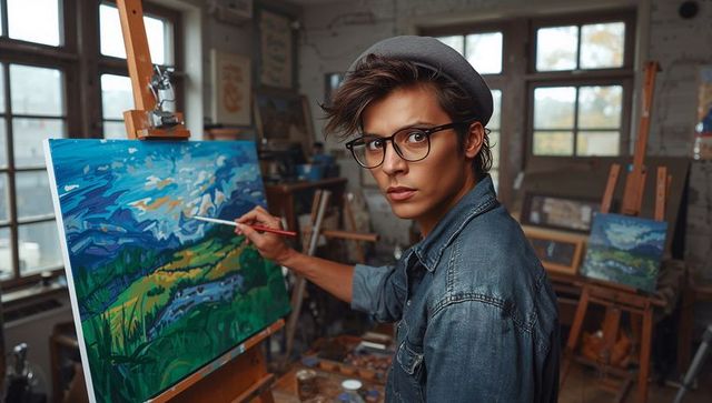 Young artist painting vibrant landscape on easel in sunlit loft art studio