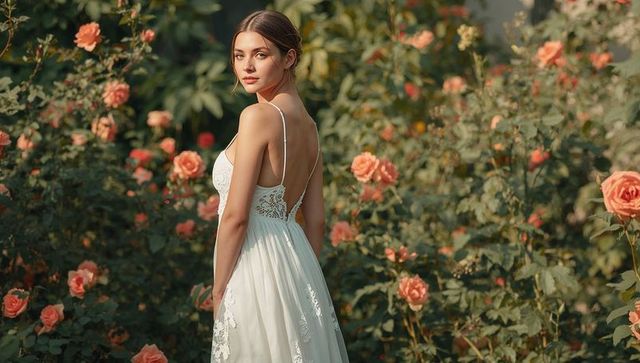 Elegant woman in white lace gown among blooming rose garden