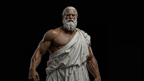 Elegant senior male in marble-textured toga against black background