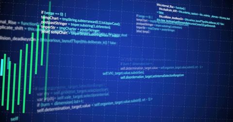 Digital interface with bar chart and overlaid code snippets