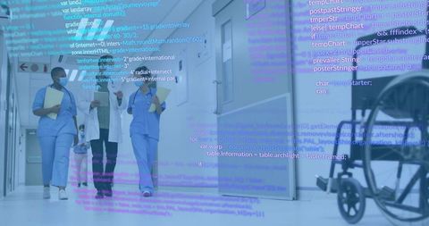 Medical team walking and discussing patient care in hospital corridor with code overlay