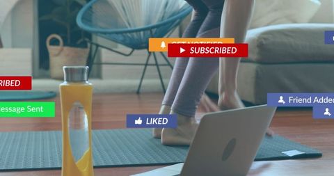 Digital Influence: Woman Doing Yoga with Social Media Icons Overlay