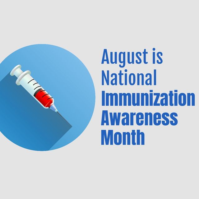 Illustration of august is national immunization awareness month text and syringe on white background. copy space, vector, vaccination, immune system, healthcare, awareness and prevention concept.